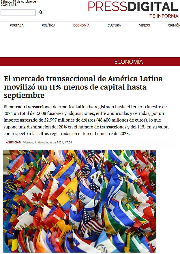 El mercado transaccional de Amrica Latina moviliz un 11% menos de capital hasta septiembre